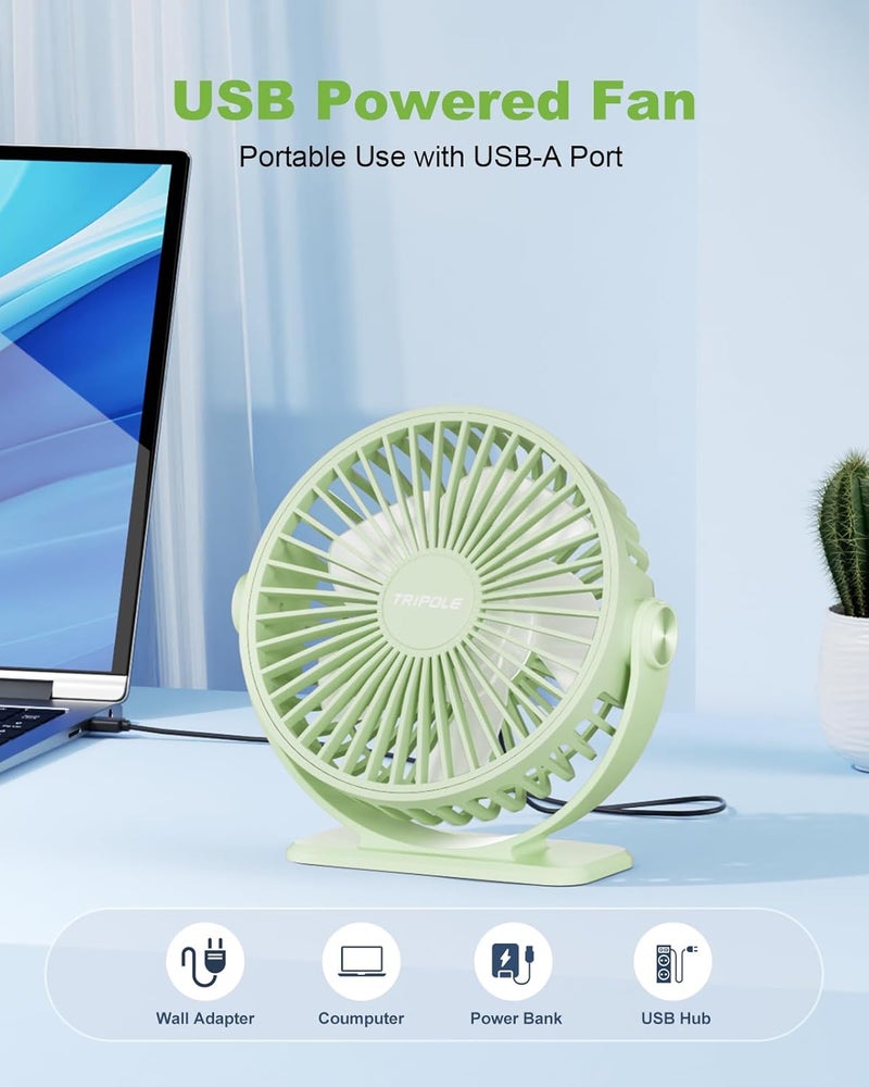 TriPole USB Desk Fan Mini Portable Fan, 3 Speeds Strong Breeze Small Electric Fans, 360° Rotation Quiet Plug In Personal USB Fans for Desktop Bedroom Office Table Travel Cruise, Green, 4.5in - Image 2